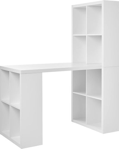 White cube storage desk with 12 slots.