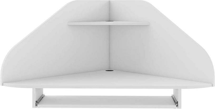 White floating corner desk with keyboard tray.
