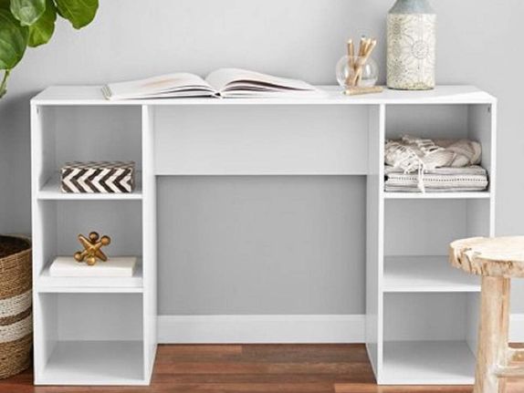 White table with 6 cube storage slots.