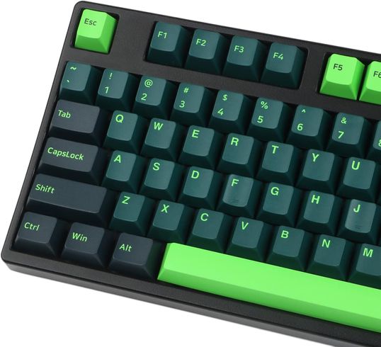 Keycaps for a mechanical keyboard in a dark green color with accents of lime on bigger keys.