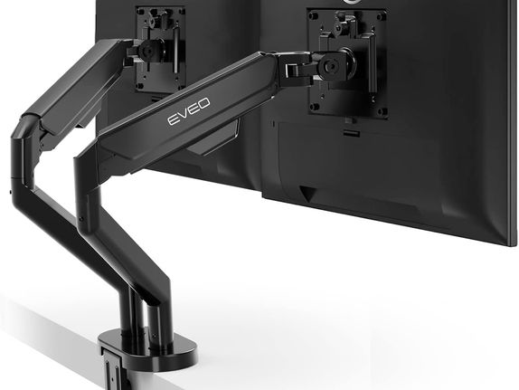 Black dual monitor clamp on desk monitor arm mount.