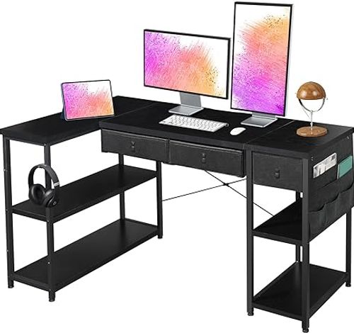 Maihail L Shaped Desk with Drawers, 55&#34; Corner Desk for Home Office with Adjustable Storage Shelves, Office Desk with Storage Bag. Gaming Desk L Shape with Storage, Computer Desk with Shelves, Black