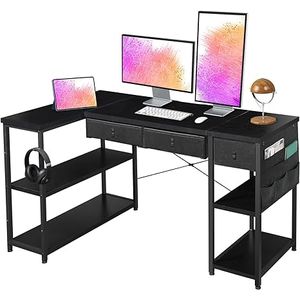 Maihail L Shaped Desk with Drawers, 55&#34; Corner Desk for Home Office with Adjustable Storage Shelves, Office Desk with Storage Bag. Gaming Desk L Shape with Storage, Computer Desk with Shelves, Black