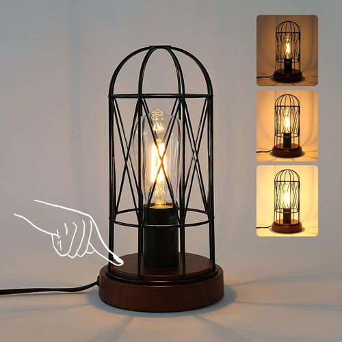 Black Cage Steampunk Table Lamp with a wooden base.