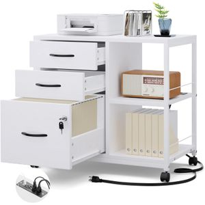 White 3 Drawer Wood File Cabinet with Power Outlet and USB Charging Ports"