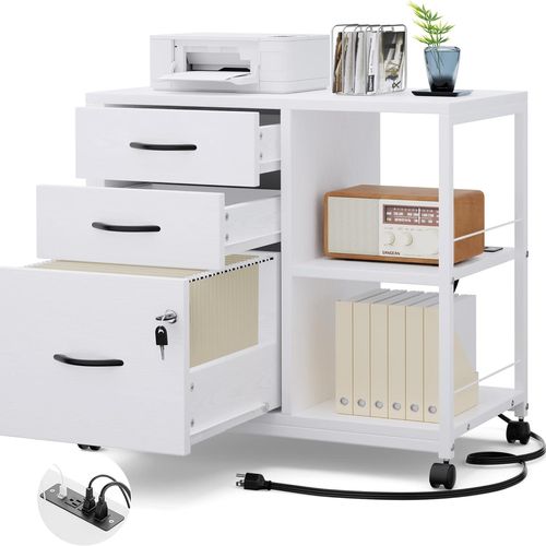 White 3 Drawer Wood File Cabinet with Power Outlet and USB Charging Ports