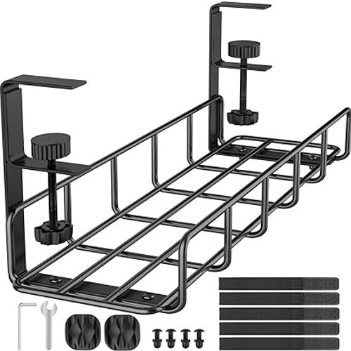 Under Desk Cable Management Tray, 15.7&#39;&#39; No Drill Steel Desk Cable Organizers, Wire Management Tray Cable Management Rack, Desk Cable Tray with Wire Organizer and Desk Cord Organizer