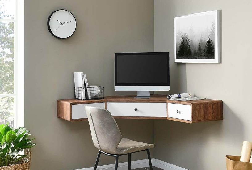 Stylish dark brown wood desk floating corner desk with white drawers.