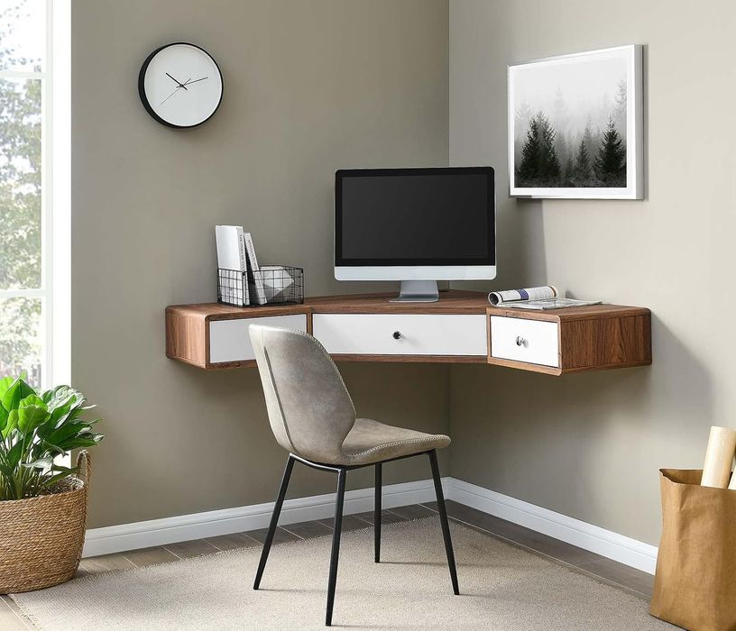 Stylish dark brown wood desk floating corner desk with white drawers.