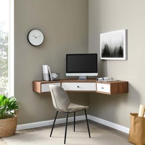 Stylish dark brown wood desk floating corner desk with white drawers.