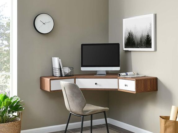 Stylish dark brown wood desk floating corner desk with white drawers.