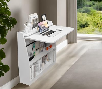 White wall mounted foldable desk with integrated storage.