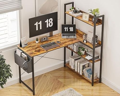 corner office desk setup with a long wooden desk and leather