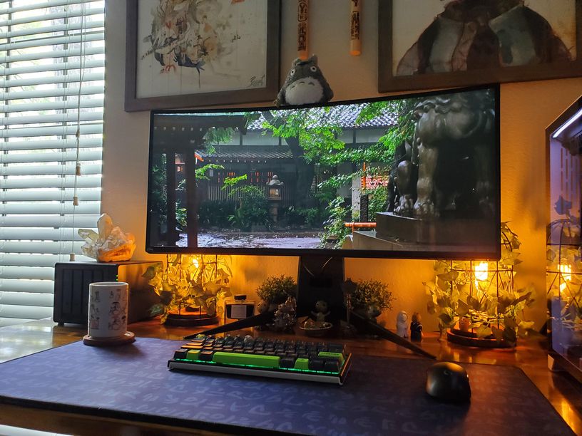 Aesthetically pleasing computer desk setup with whimsical cage lights.