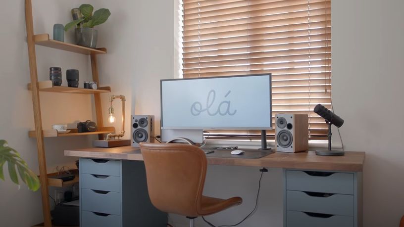 modern minimal desk setup made of ikea components