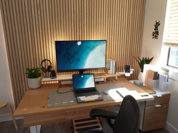 Clean desk setup with white ambient lighting